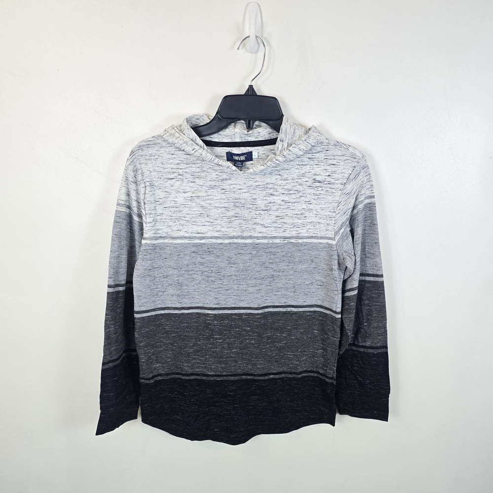 Boys Large Hooded T-Shirt Lightweight Gray Striped Pullover